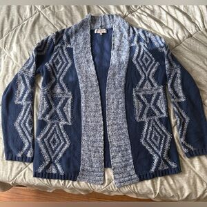 Jones New York sport,medium blue and white patterned open-front cardigan sweater